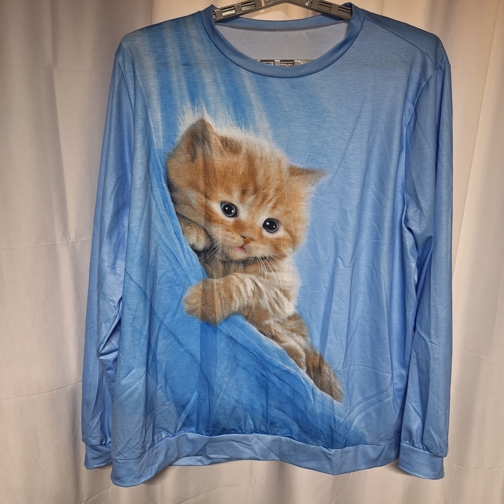 Charming Blue Kitten Graphic Blouse Cat Lovers Blouse.